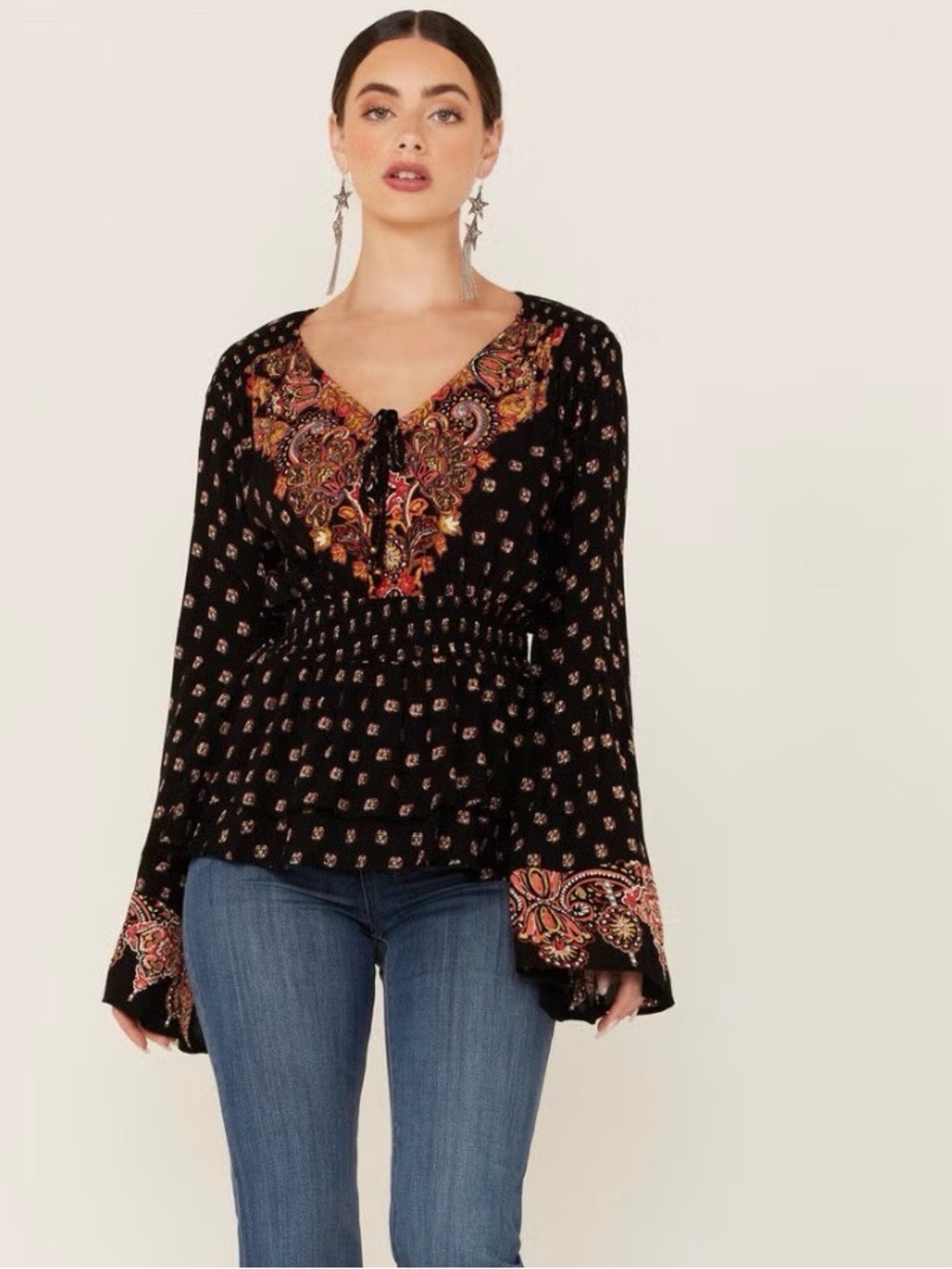 ANGIE BELL SLEEVE BORDER PRINT RAYON BLOUSE